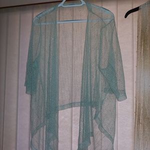 Sage colored short- sleeved shawl, knit with sequi